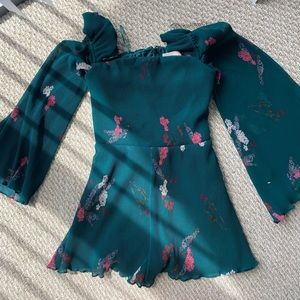 Green Floral Romper - long ruffle sleeves - graduation special occasion dress